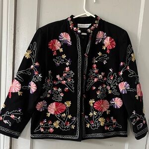 Vintage Stunning Black Jacket with Multicolor Floral Embroidery and Mandarin Col